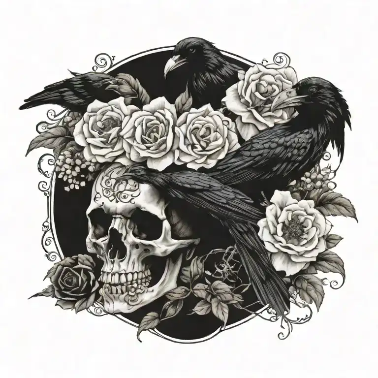 raven, snake, skull, flowers, wiccan  tattoo design idea