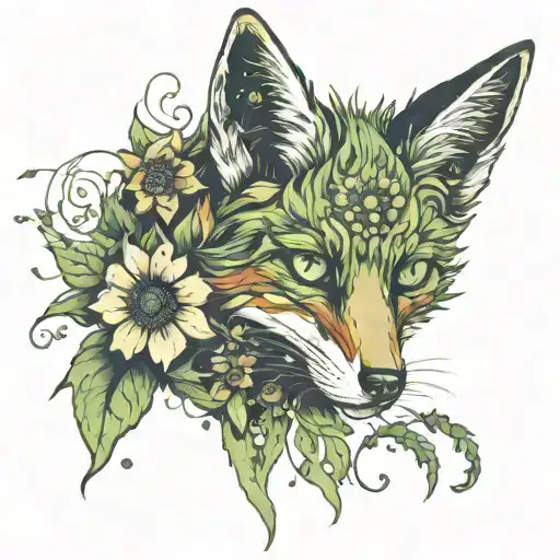 fox flowers, green eyes, fire tattoo design idea