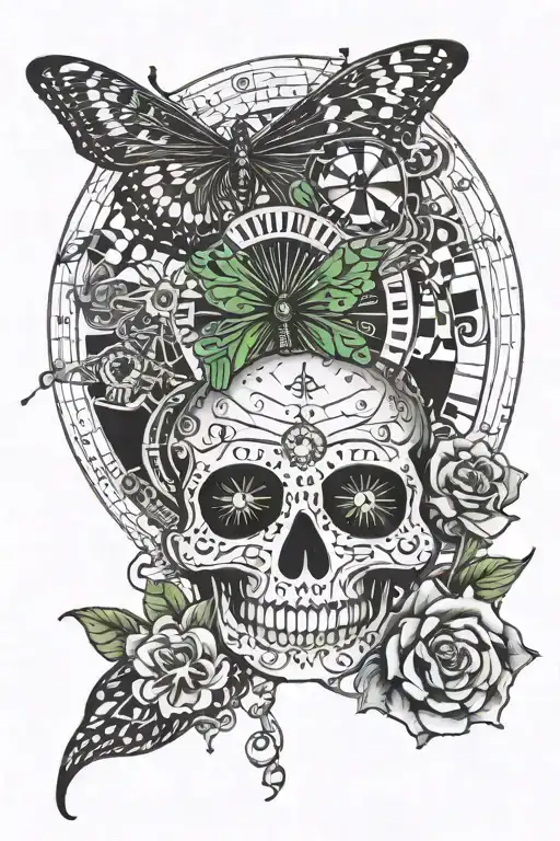 A butterfly with green eyes fluttering around a roulette wheel, with a hidden skull in the background tattoo design idea