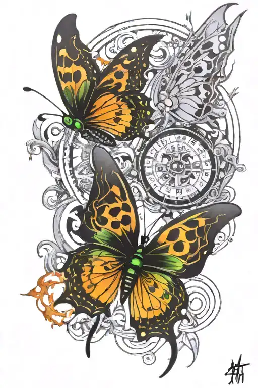 A butterfly, green eyes, fire,  roulette wheel tattoo design idea