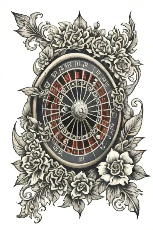 A 3/4  roulette wheel surrounded by a border of intricate flowers tattoo design idea