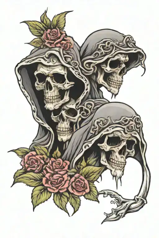 hear no evil see no evil speak no evil grim reaper floral tattoo design idea