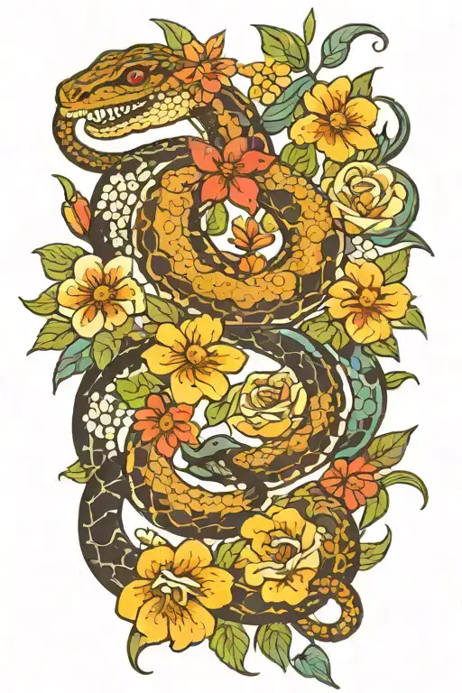 rattlesnake with a scorpion surrounded by flowers   tattoo design idea