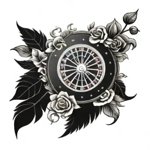 A roulette wheel surrounded by a border of intricate flowers tattoo design idea