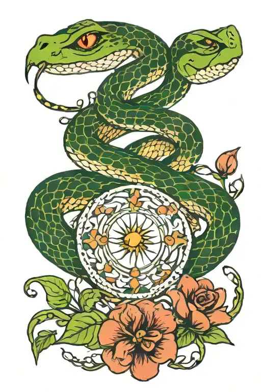 snake, fire, green eyes, flowers  tattoo design idea