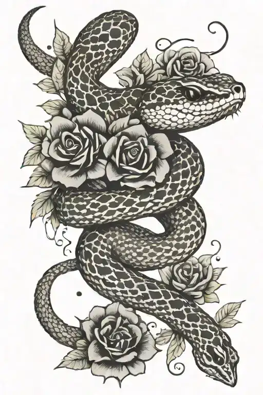 rattlesnake, fire, flowers, roulette  tattoo design idea