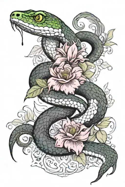 snake, fire, green eyes, flowers  tattoo design idea