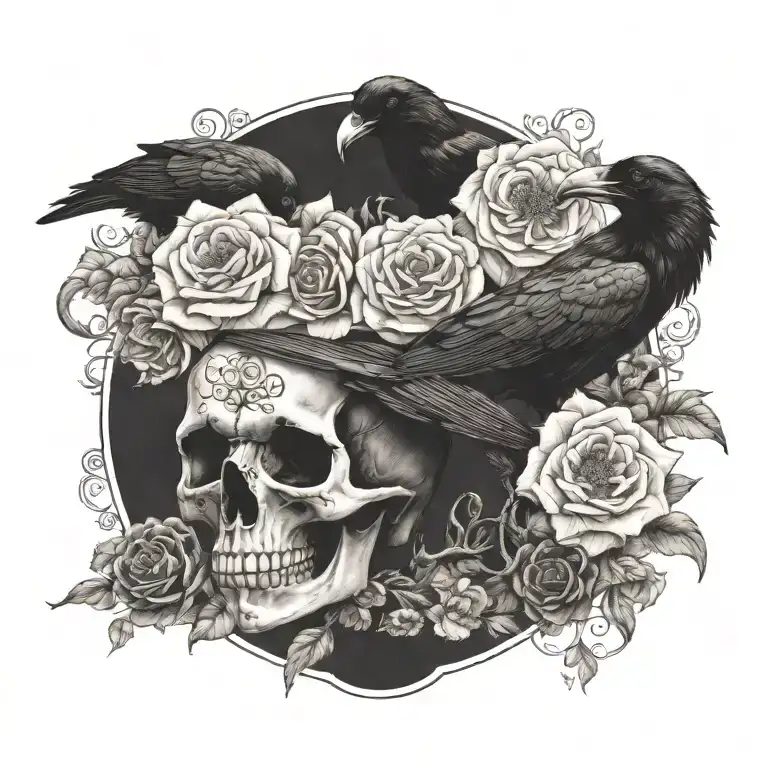 raven, snake, skull, flowers, wiccan  tattoo design idea