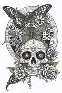 A butterfly with green eyes fluttering around a roulette wheel, with a hidden skull in the background tattoo design idea