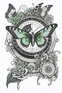 A butterfly with green eyes fluttering around a roulette wheel, with a hidden skull in the background tattoo design idea