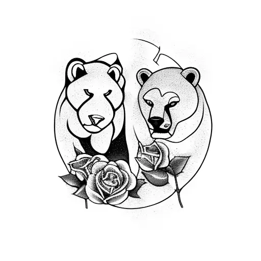 A panther and polar bear standing back to back, surrounded by roses tattoo design idea