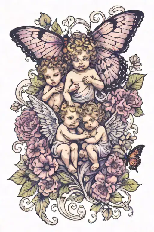 cherub angels, purple butterfly, siblings initals in a string filled in with geranium flowea tattoo design idea