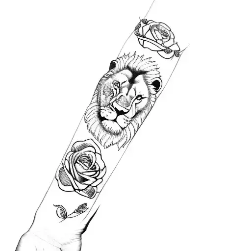Lion, a clock and rose tattoo design idea