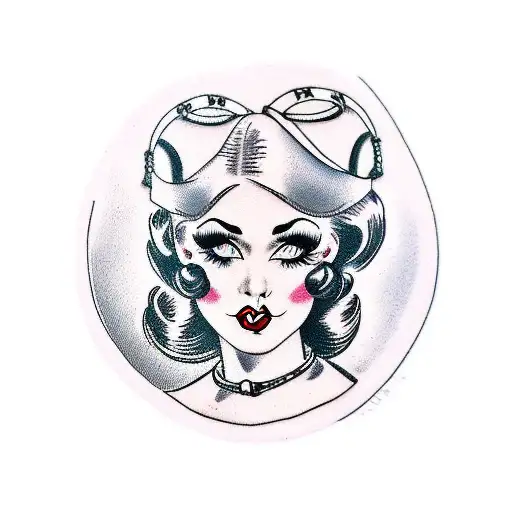 pinup girl, long dark hair, corset, on knees with collar and leash tattoo design idea