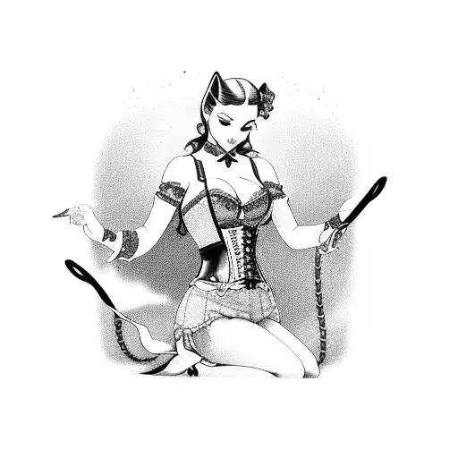 pinup girl, long dark hair, corset, on knees with collar and leash tattoo design idea