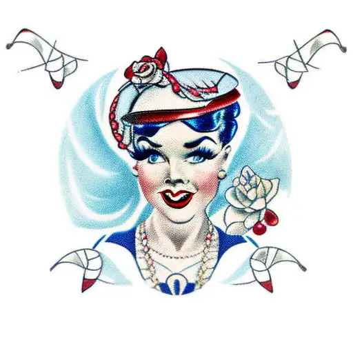 pinup girl, oval face, blue eyes, red lips, 1950s, long dark hair, corset, voluptuous  tattoo design idea