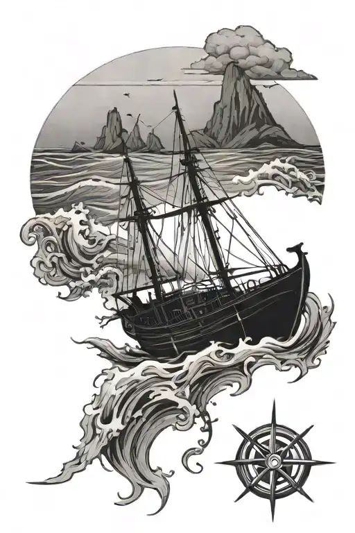 A black-grey tattoo of a fishing boat cruising through rough waves towards a distant island, with a compass rose and hunting rifle crossed in the background tattoo design idea