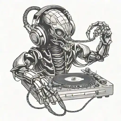 A scorpion wearing headphones and DJing at a movie premiere tattoo design idea