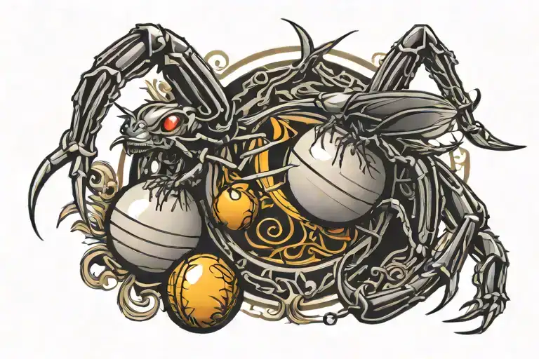 cricket bat and ball & scorpion & eyes looking tattoo design idea