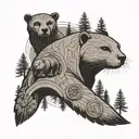 A geometric tattoo incorporating Catholic symbols and elements of Air Force civil engineering, with hidden images of sleeping otters and redwood woods tattoo design idea