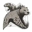 A geometric tattoo incorporating Catholic symbols and elements of Air Force civil engineering, with hidden images of sleeping otters and redwood woods tattoo design idea