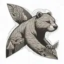 A geometric tattoo incorporating Catholic symbols and elements of Air Force civil engineering, with hidden images of sleeping otters and redwood woods tattoo design idea