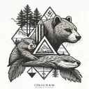 A geometric tattoo incorporating Catholic symbols and elements of Air Force civil engineering, with hidden images of sleeping otters and redwood woods tattoo design idea