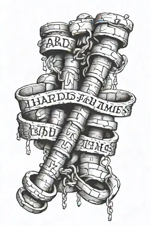 words Hard Times with bricks and shackles  tattoo design idea