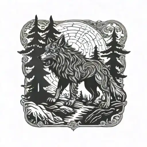 fenrir viking norse wolf with alpine trees  tattoo design idea