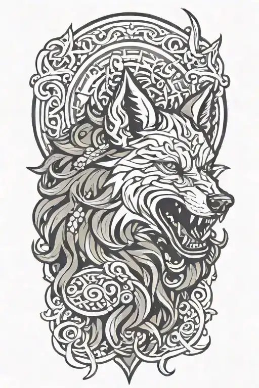 fenrir viking norse wolf with nordic background  tattoo design idea