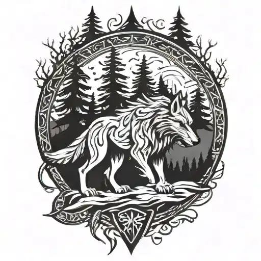 fenrir viking norse wolf with alpine trees  tattoo design idea