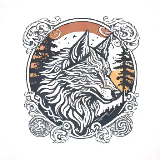 fenrir viking norse wolf with alpine trees  tattoo design idea