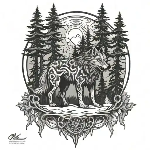 fenrir viking norse wolf with alpine trees  tattoo design idea