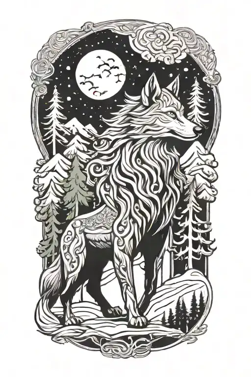 fenrir viking norse wolf with alpine trees  tattoo design idea