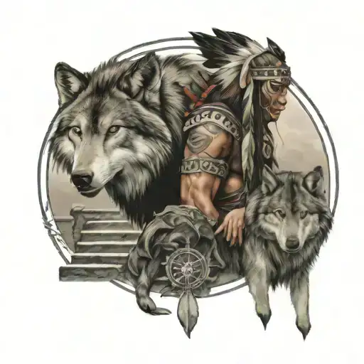 native american with bow, wolf and stairs, viking tattoo design idea