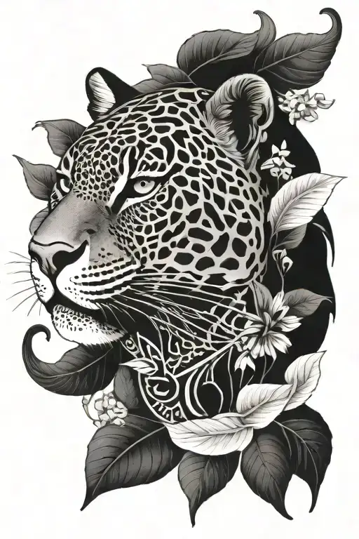 ayahuasca vine surrounding a jaguar's face emerging tattoo design idea