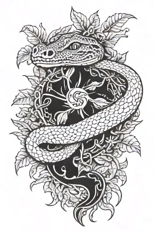 ayahuasca vine surrounding a boa snake's face emerging tattoo design idea