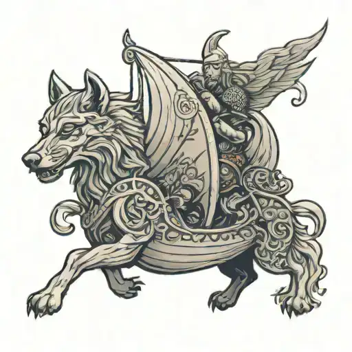 Viking ship, Thor and two wolves chasing him away tattoo design idea