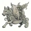 Viking ship, Thor and two wolves chasing him away tattoo design idea