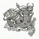Viking ship, Thor and two wolves chasing him away tattoo design idea
