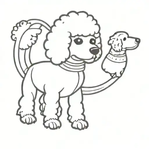 a small poodle with his hand is positiond like superman (straight arm with a fist), and the dog has an astronaut helmet. tattoo design idea