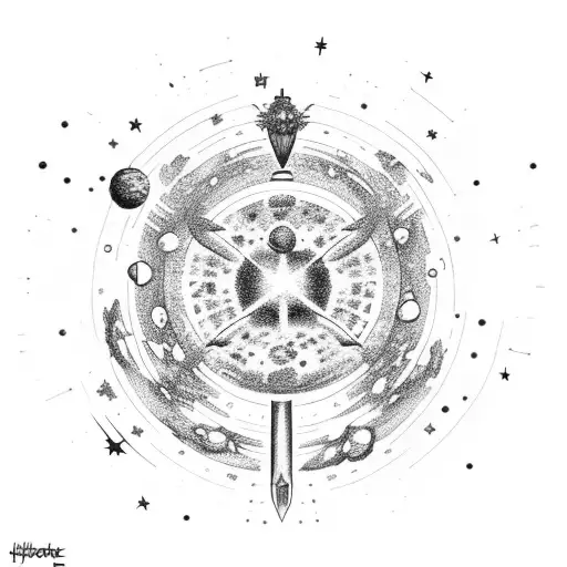 A dotwork tattoo of a war hammer 40k character surrounded by a galaxy of stars and planets tattoo design idea