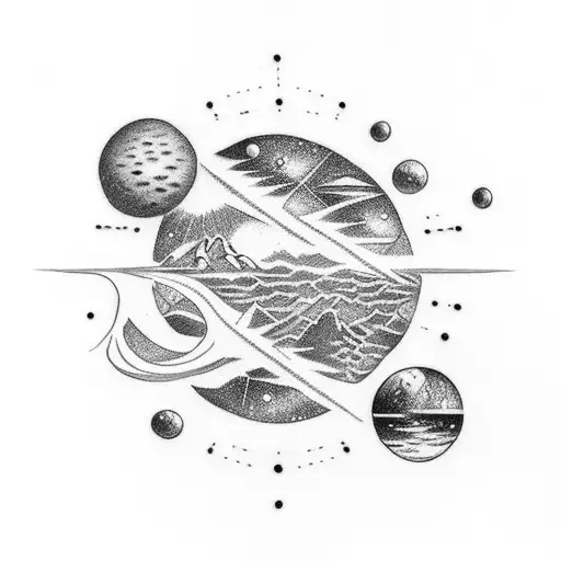 A dotwork tattoo of a nature scene with a portal opening to a galaxy filled with Star Wars spaceships tattoo design idea