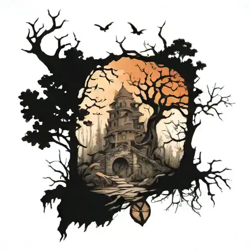 I want a horror style forest with an ancient staircase with plant roots. tattoo design idea