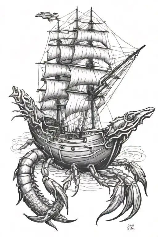 ship and crayfish tattoo design idea