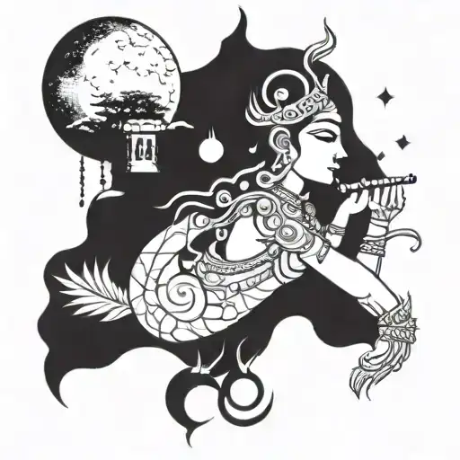 A tattoo design combining the symbols of Krishna, Shiva, and Parvati with elements of nature and the moon tattoo design idea