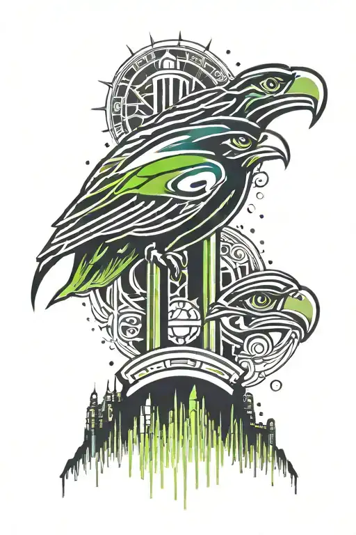 Seahawks logo surrounded. rain space needle  tattoo design idea