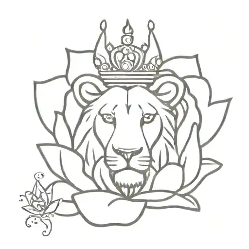 lion, queens crown on top and lotus flower blooming tattoo design idea