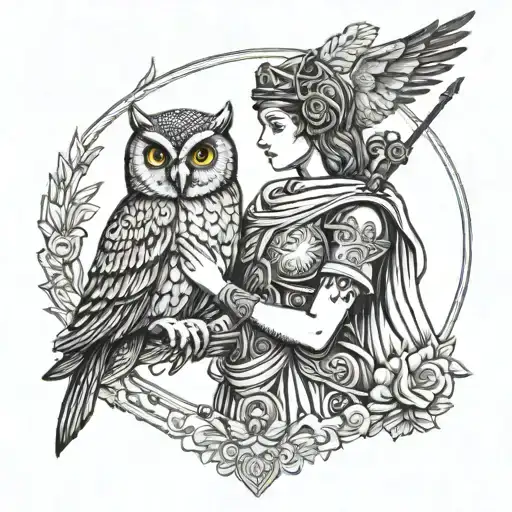 goddess athena holding spear with owl perched and hope written across  tattoo design idea