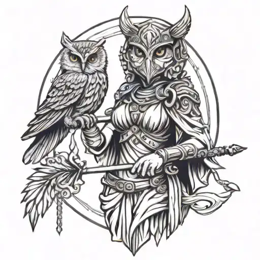 Athena goddess holding spear with owl perched tattoo design idea